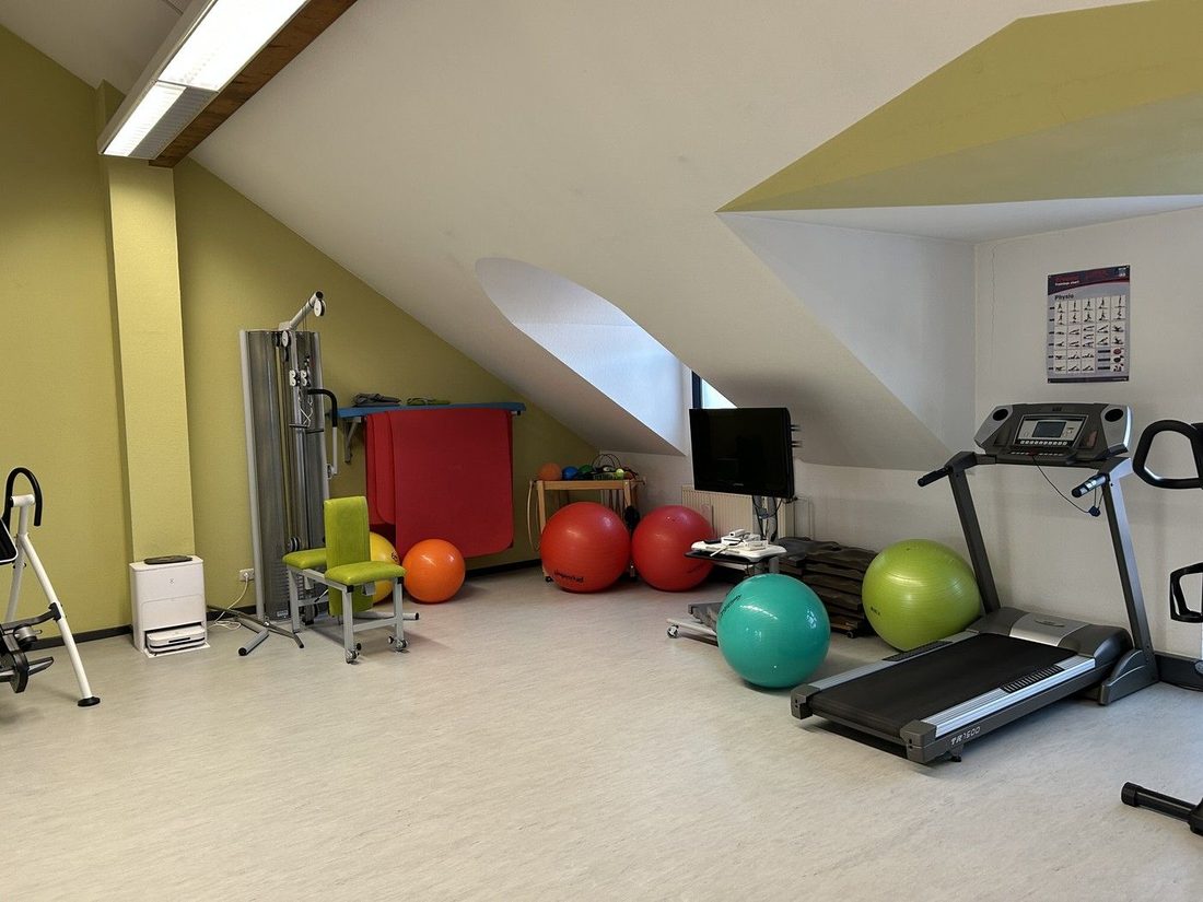 Trainingsbereich mit Seilzuggerät, Gymnastikbällen und Laufband